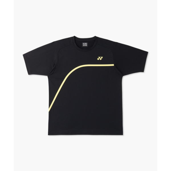 Black short-sleeve T-shirt with a pale yellow curved stripe across the chest and a small Yonex logo on the left chest area.