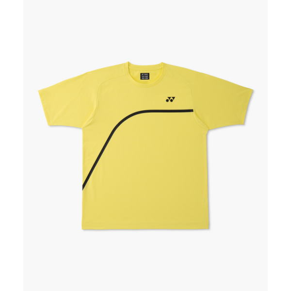 Bright yellow t-shirt with a black curved line design crossing the front and a small brand logo on the chest.