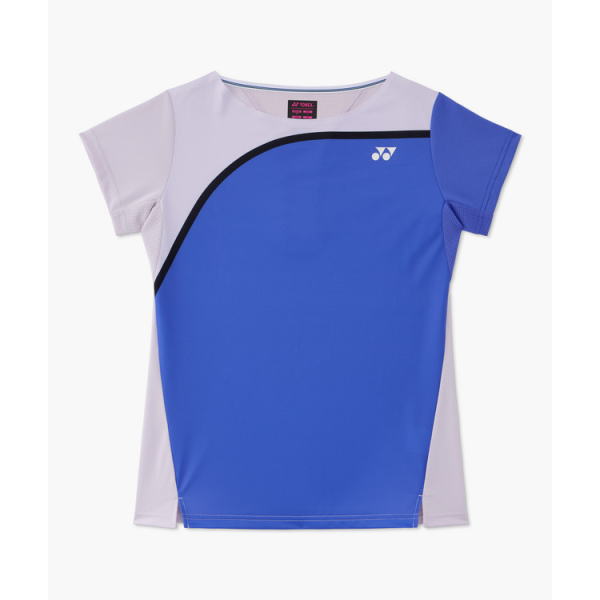 Light purple and royal blue short-sleeve athletic t-shirt with a curved black seam and a small white logo on the chest.