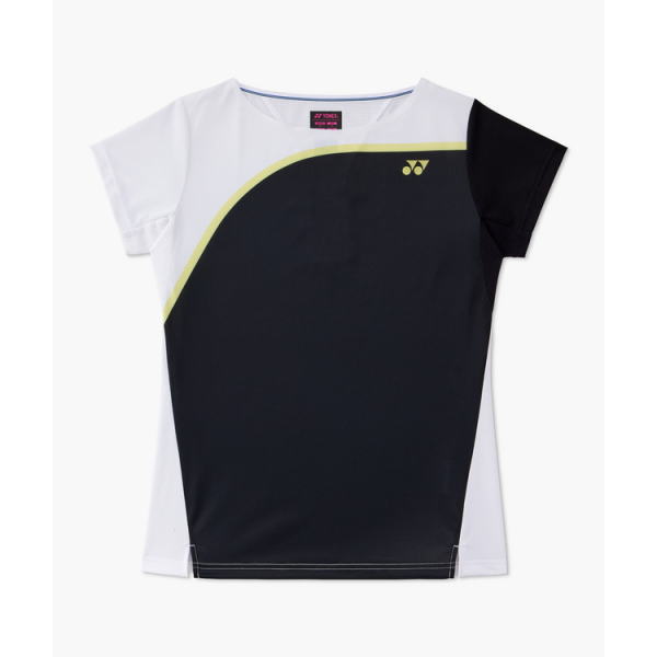 White and navy athletic short-sleeve shirt with a neon lime curved stripe and Yonex logo