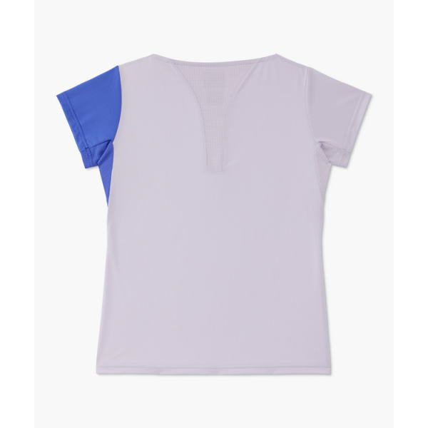 Back view of a light lavender short-sleeve shirt with a blue panel on the left sleeve and a small V-shaped notch at the neckline.