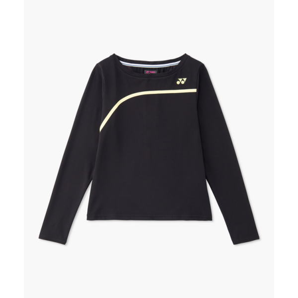 Black long-sleeve athletic top with a pale yellow curved stripe across the chest and a small logo on the left chest.