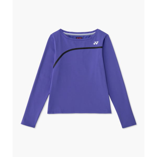 Purple long-sleeve athletic shirt with a black curved stripe across the chest and a small white logo on the left chest area.