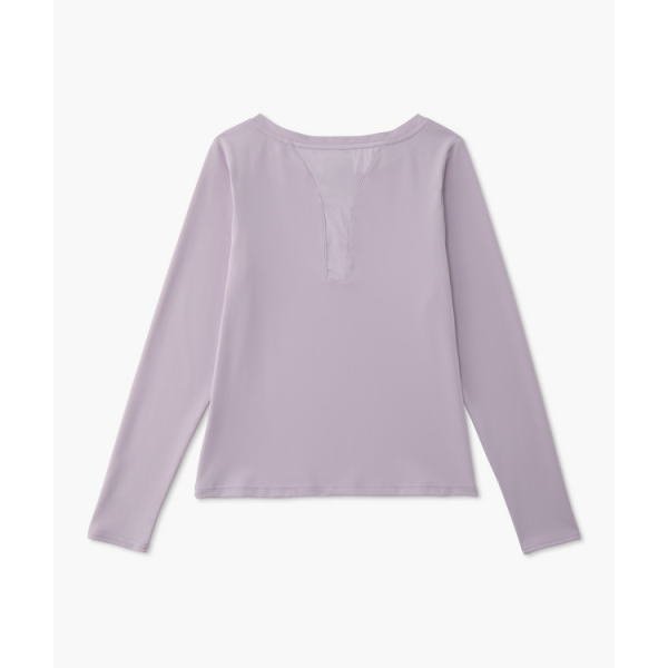 Back view of a lavender long-sleeve top with a small V-notch placket at the neckline; simple, solid fabric.