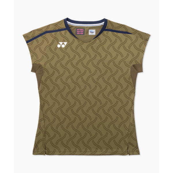 Brown patterned athletic T-shirt with blue collar trim and white logo on the left chest