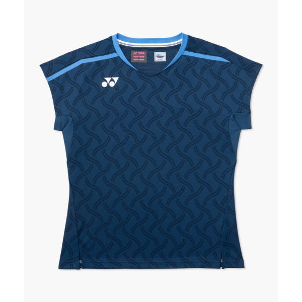 Blue short-sleeve athletic shirt with a repeating wavy pattern, light blue piping, and a white logo on the chest.