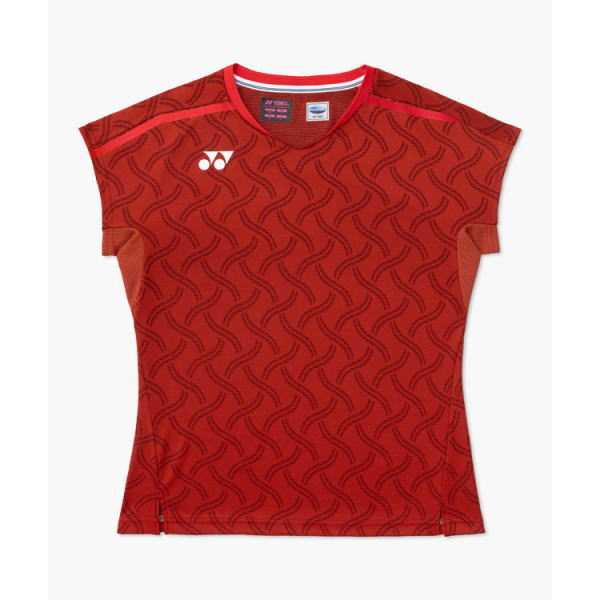 Red short-sleeve athletic shirt with a repeating wave pattern and a white logo on the left chest.
