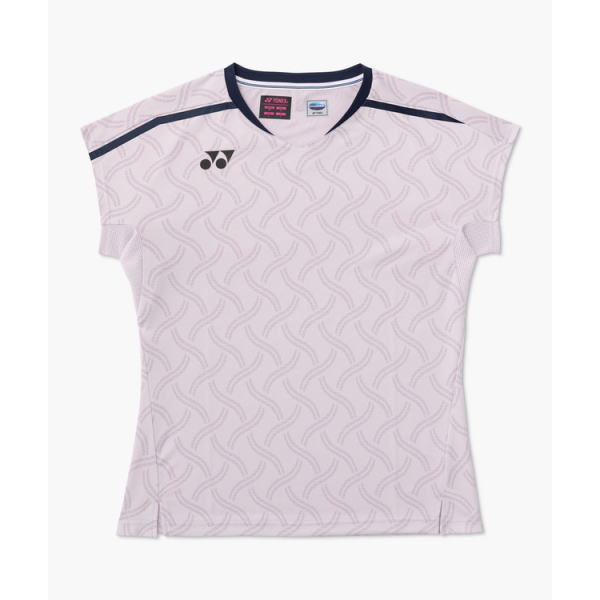 Light pink women's athletic shirt with navy trim and a subtle wavy pattern, left chest bears a Yonex logo.