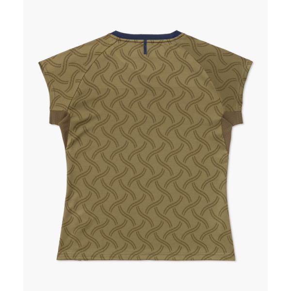 Back view of a tan short-sleeve shirt with a brown wavy pattern and navy trim at the neckline
