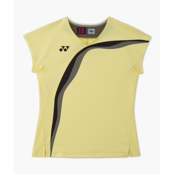 Yellow sleeveless sports shirt with a black curved stripe and small logo on the chest, likely a tennis or badminton top.