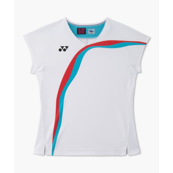 White athletic shirt with bold red and teal curved stripe across the front; Yonex logo on the left chest.