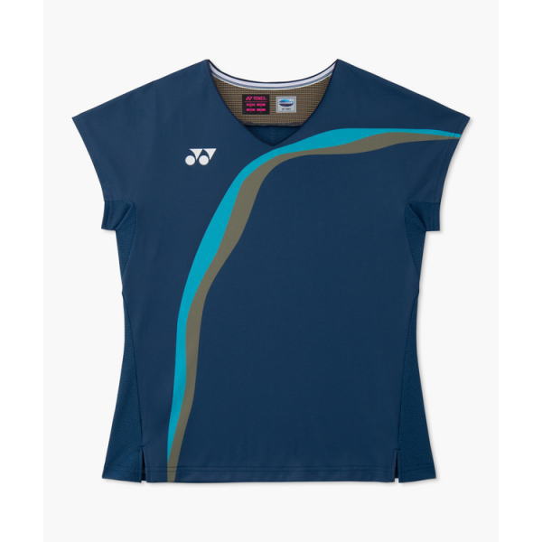 Blue athletic jersey with curved teal and olive stripes across the front and a white Yonex logo on the left chest.