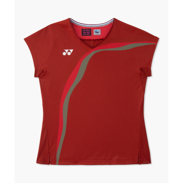 Red athletic shirt with a gray curved stripe across the front, Yonex logo on the left chest, short sleeves and side vents.