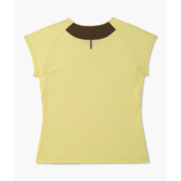 Light yellow short-sleeve top with a dark brown inner neckline, back view.