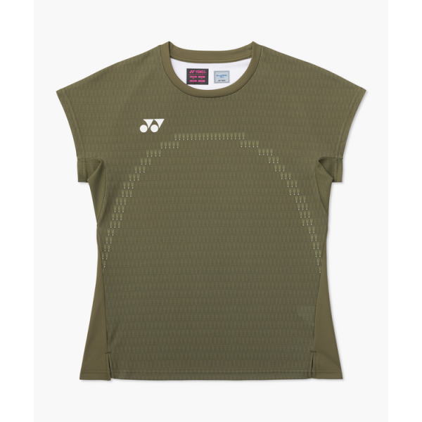 Olive green athletic T-shirt with a subtle perforated arc pattern and a white brand logo on the chest .