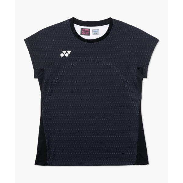 Navy blue perforated short-sleeve sports shirt with a white Yonex logo on the left chest.