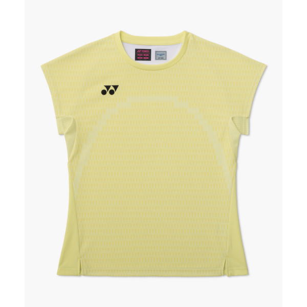 Yellow short-sleeve athletic shirt with subtle checker pattern and Yonex logo on the chest.