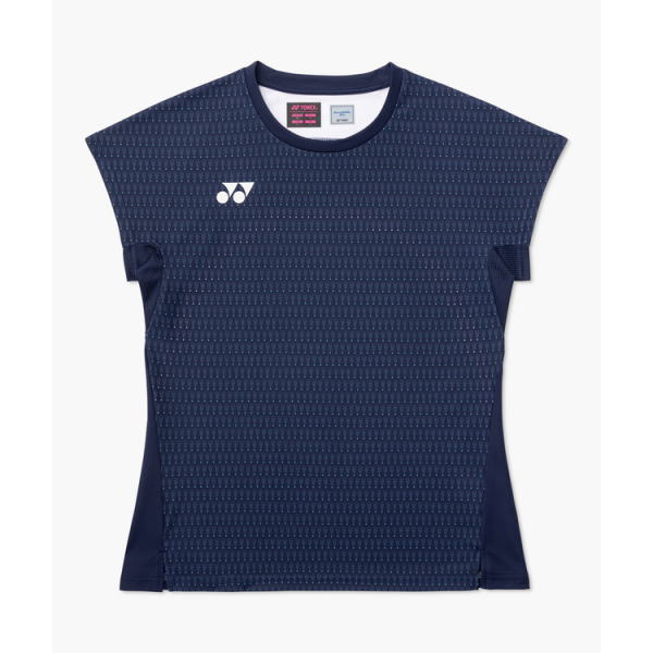 Navy blue sleeveless athletic shirt with a subtle dotted pattern and a white logo on the left chest.