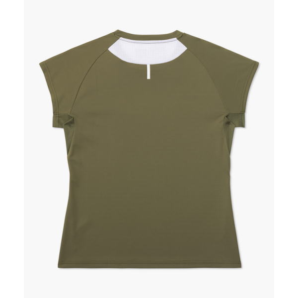 Olive-green short-sleeve athletic top with cap sleeves and a white mesh back neckline panel.