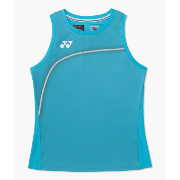 Turquoise sleeveless sport top with a white curved zipper detail across the front and a Yonex logo.
