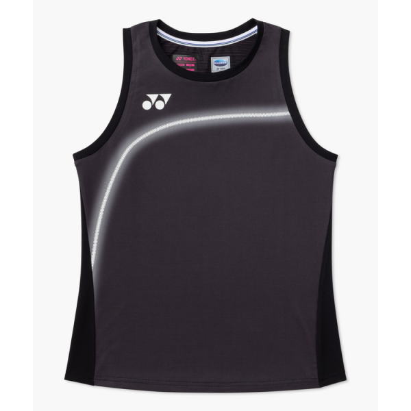 Dark gray Yonex sleeveless athletic top with a white curved reflective stripe and logo in the upper left area.