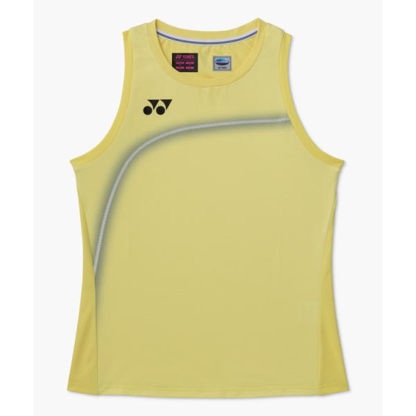 Yellow sleeveless tennis top with a Yonex logo on the chest and a curved white seam across the front.