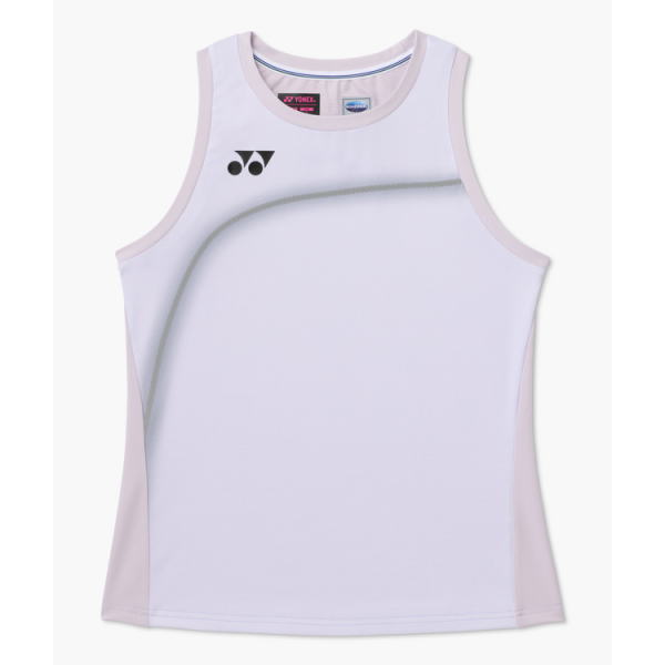 White Yonex tennis tank top with pale pink side panels and a curved gray seam on the front.
