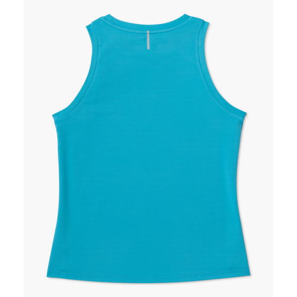 Back view of a bright turquoise sleeveless athletic tank top laid flat