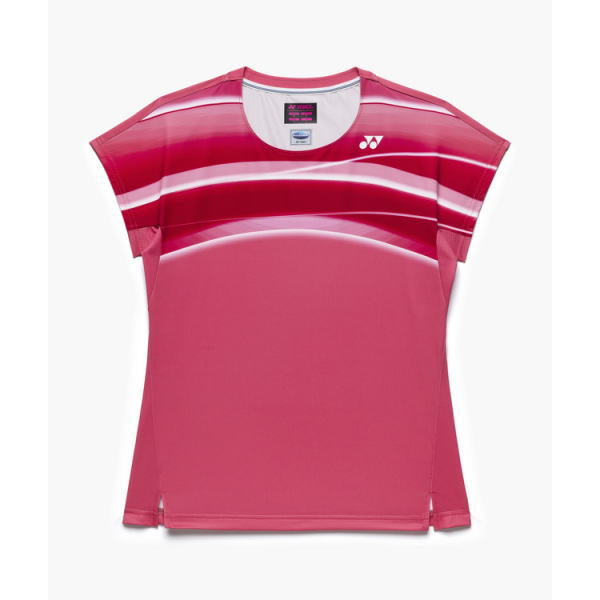 Pink athletic short-sleeve shirt with white and dark pink wave stripes across the chest and a small brand logo on the left shoulder area