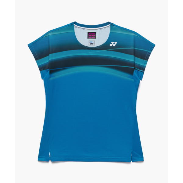 Blue gradient athletic t-shirt with dark teal horizontal stripes across the chest and a small Yonex logo on the right chest.