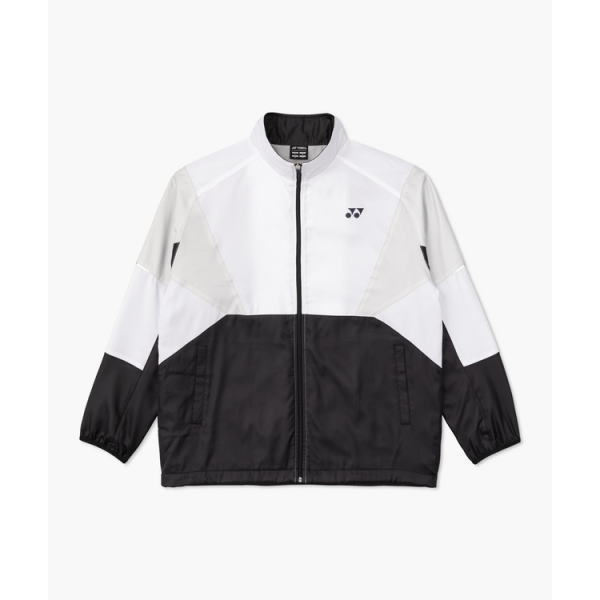 Color-block windbreaker: white on top, black bottom with gray side panels, full-length zipper, and a small brand logo on the left chest.