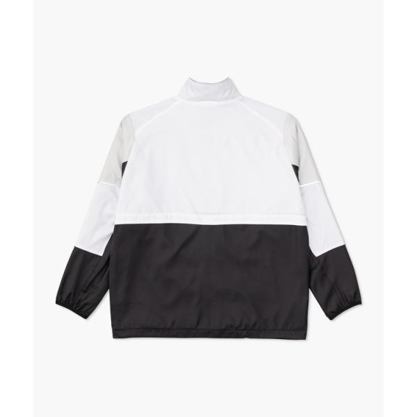 Color-block windbreaker jacket: white top half, black bottom half, with elastic cuffs on sleeves and a stand collar.