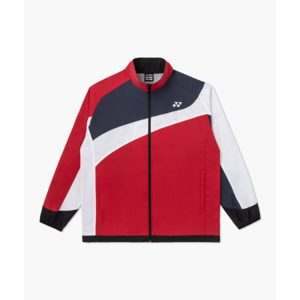 Color-block windbreaker jacket in red, navy, and white with a black zip and cuffs.