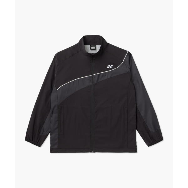 Black windbreaker jacket with gray diagonal panels and white piping along the chest, front zip, casual athletic wear.
