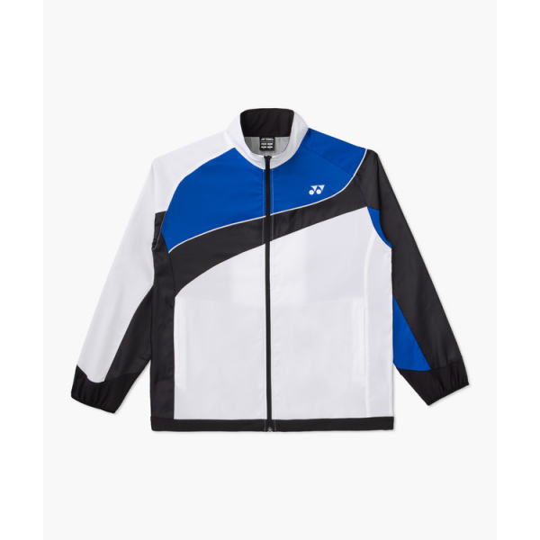 Color-blocked zip-up jacket in white, black, and blue with a small logo on the chest; front view with full zip and elastic cuffs.