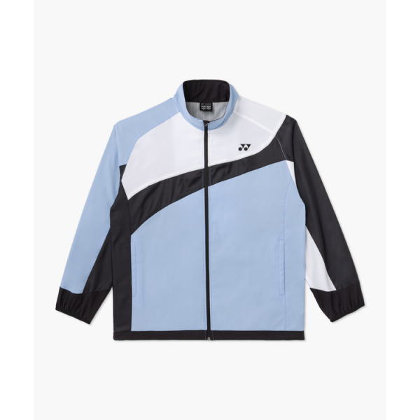 Light blue, white, and black color-blocked zip-up athletic jacket with a high collar and elastic cuffs on a white background.