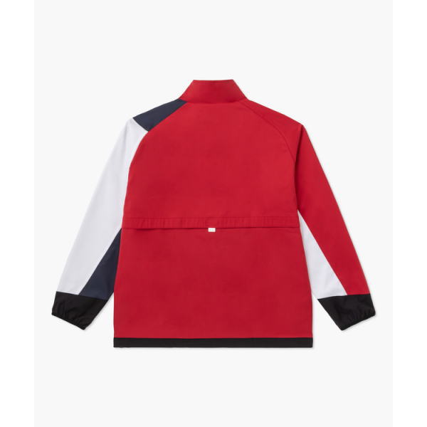 Back view of a red color-block jacket with a white left sleeve and navy shoulder panel, black cuffs and hem.