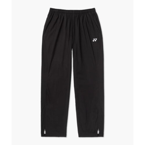 Black athletic pants with an elastic waistband, side pockets, a small white logo on the right thigh, and zippered cuffs at the ankles.