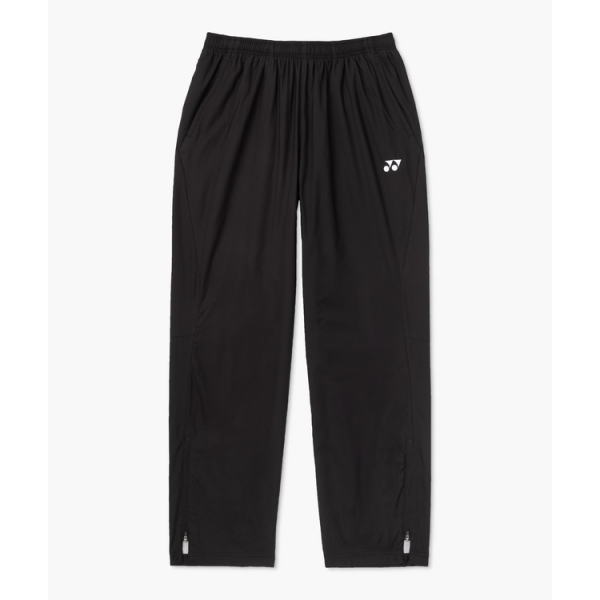 Black athletic pants with an elastic waistband, side pockets, a small white logo on the right thigh, and zippered cuffs at the ankles.